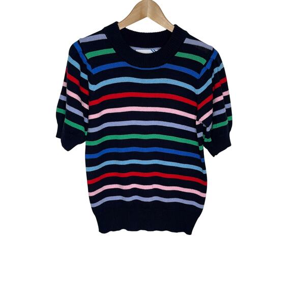 Addison Bay Short Sleeve Locust Sweater Womens XS Navy Rainbow Stripe Colorful - Picture 2 of 9